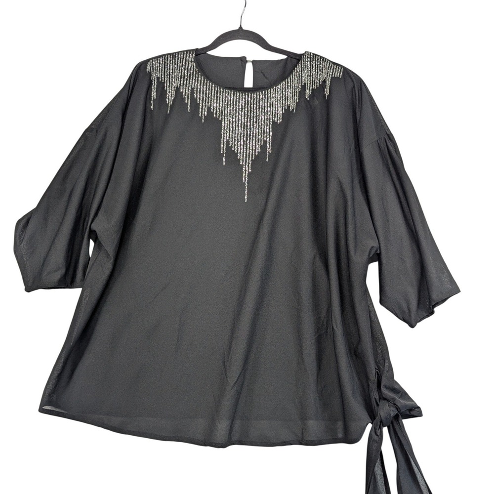 Mirage Black Embellished Sparkle Top Kimono Sleeve Tie Side Made USA Size 44